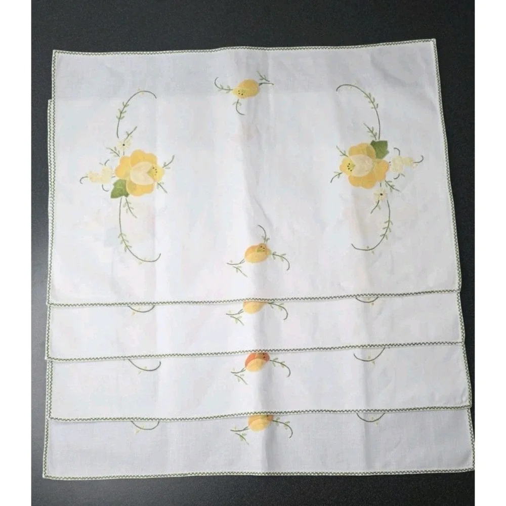 4pc Vintage Hand-Embroidered Floral Linen Napkins Platmat Handkerchief Cottage